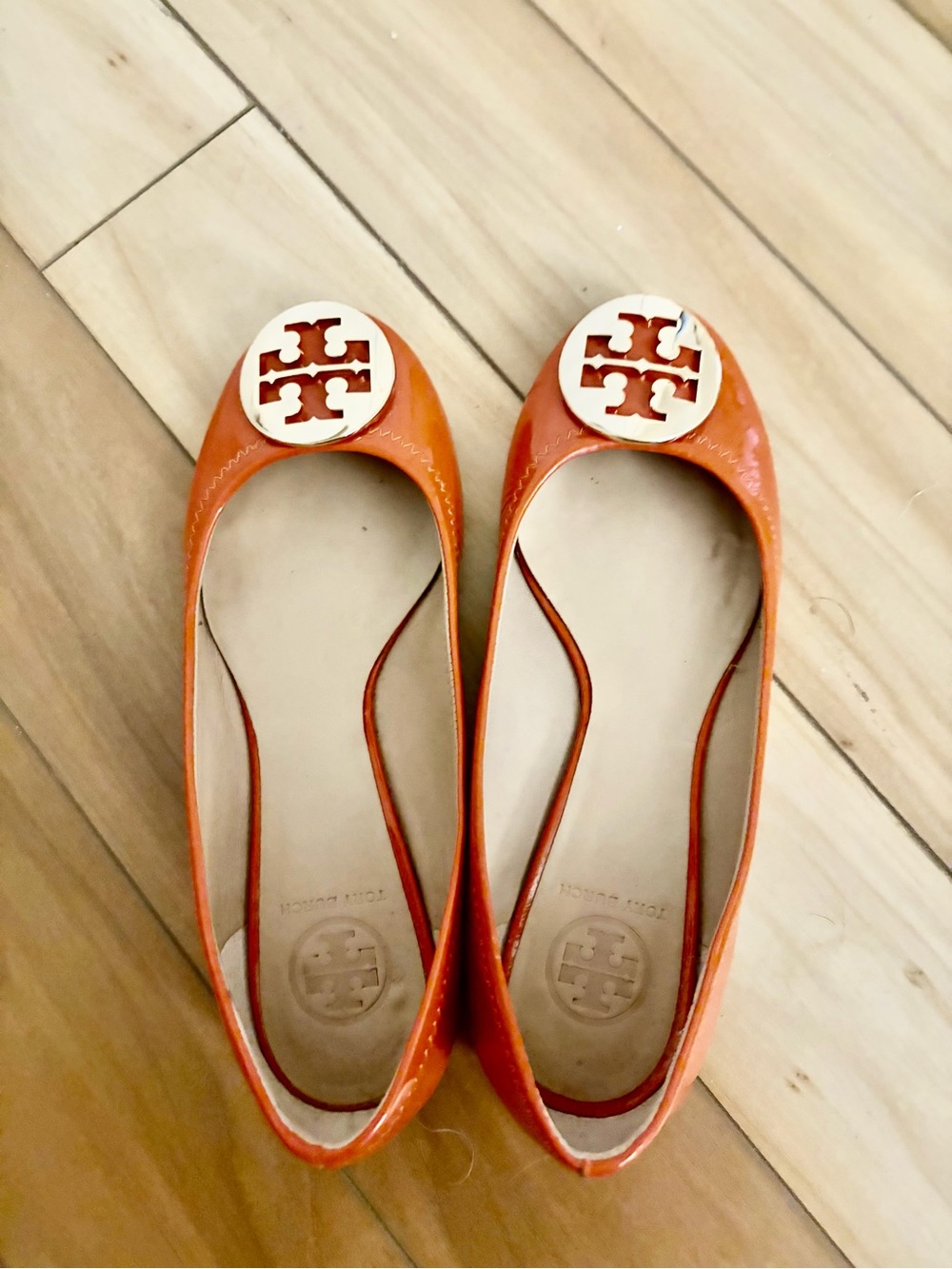 Tory Burch Orange Patent Leather Logo Flats